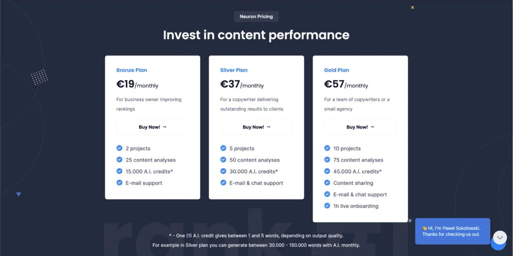 neuronwriter pricing plans
